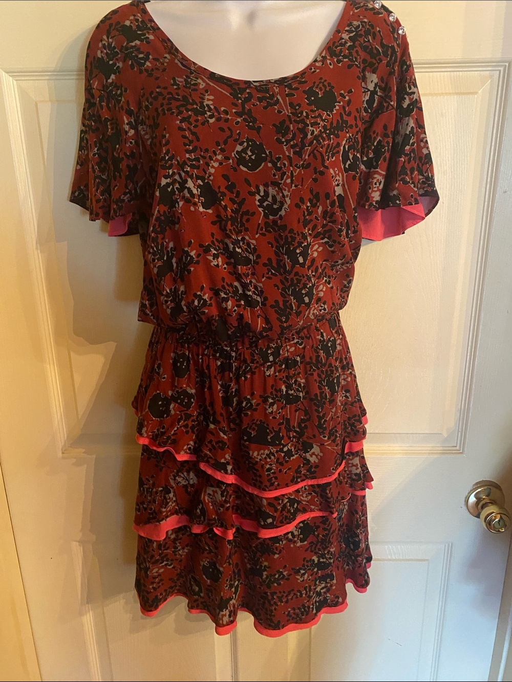 Women’s Rust Floral Tiered Dress with Pink Trim
